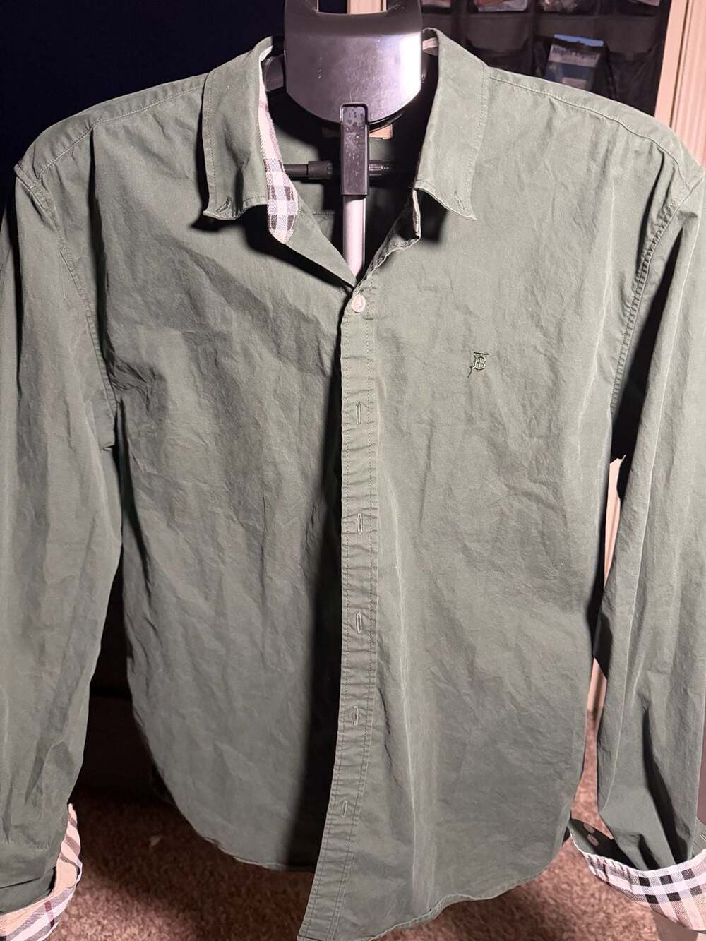 Burberry Brit Green Long Sleeve Button Down Shirt with Check Cuffs and Collar XL